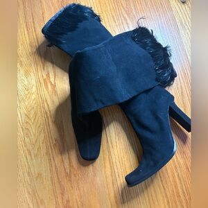 Bebe Black Suede Leather Lined Feather Trim Mid-Calf Stiletto Boots